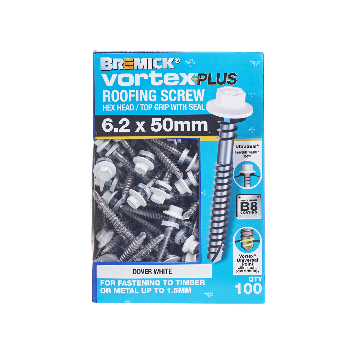 Bremick Vortex Plus Roofing Screw 6.2 x 50mm - Hex B8 - Box of 100 - Watertight - SuperSaverAU - view 2