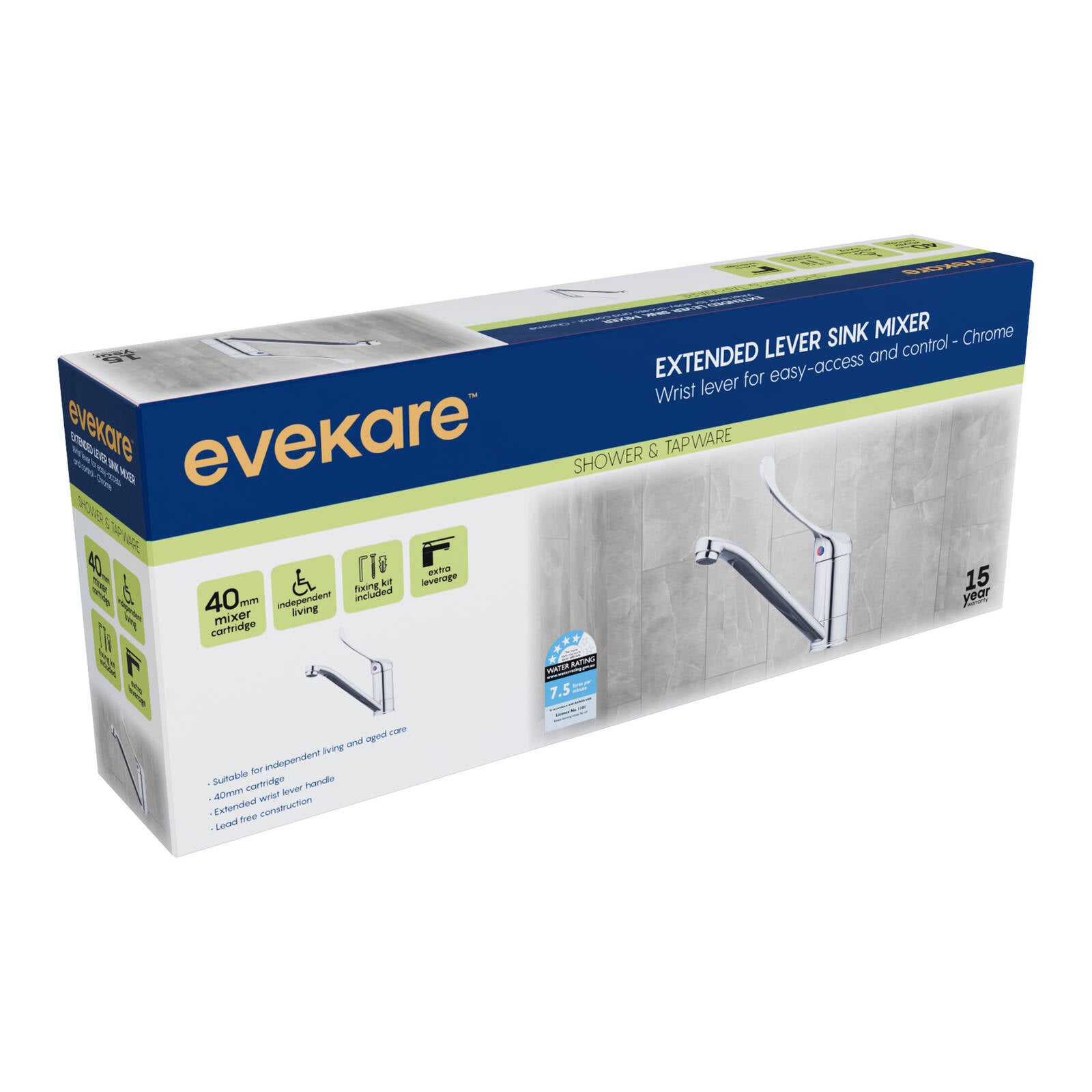 Evekare Chrome Extended Wrist Lever Sink Mixer, 7.5L/min, 4 Star WELS