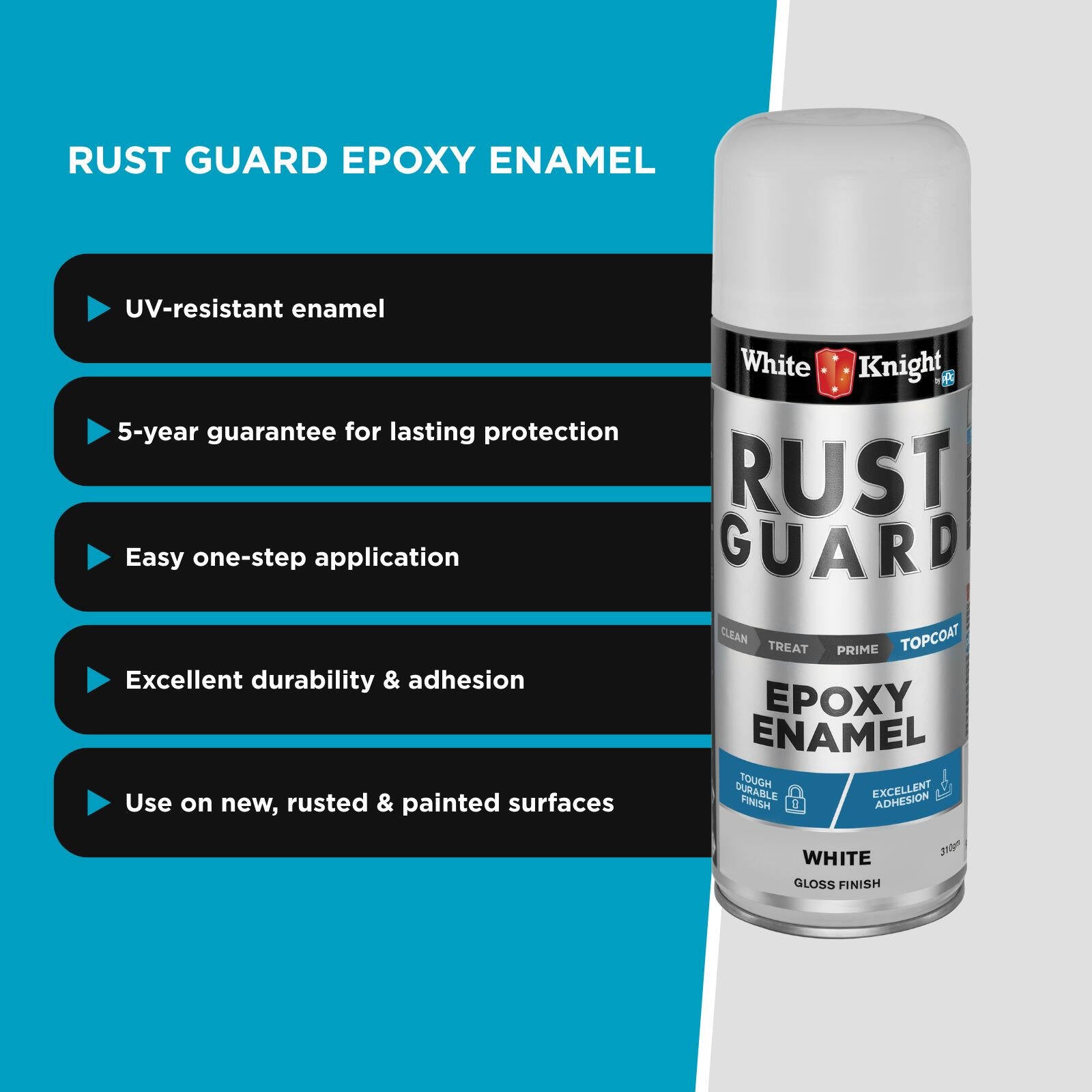 White Knight Rust Guard Epoxy Enamel Spray Paint 310g - White Gloss, Solvent Based Metal Finish