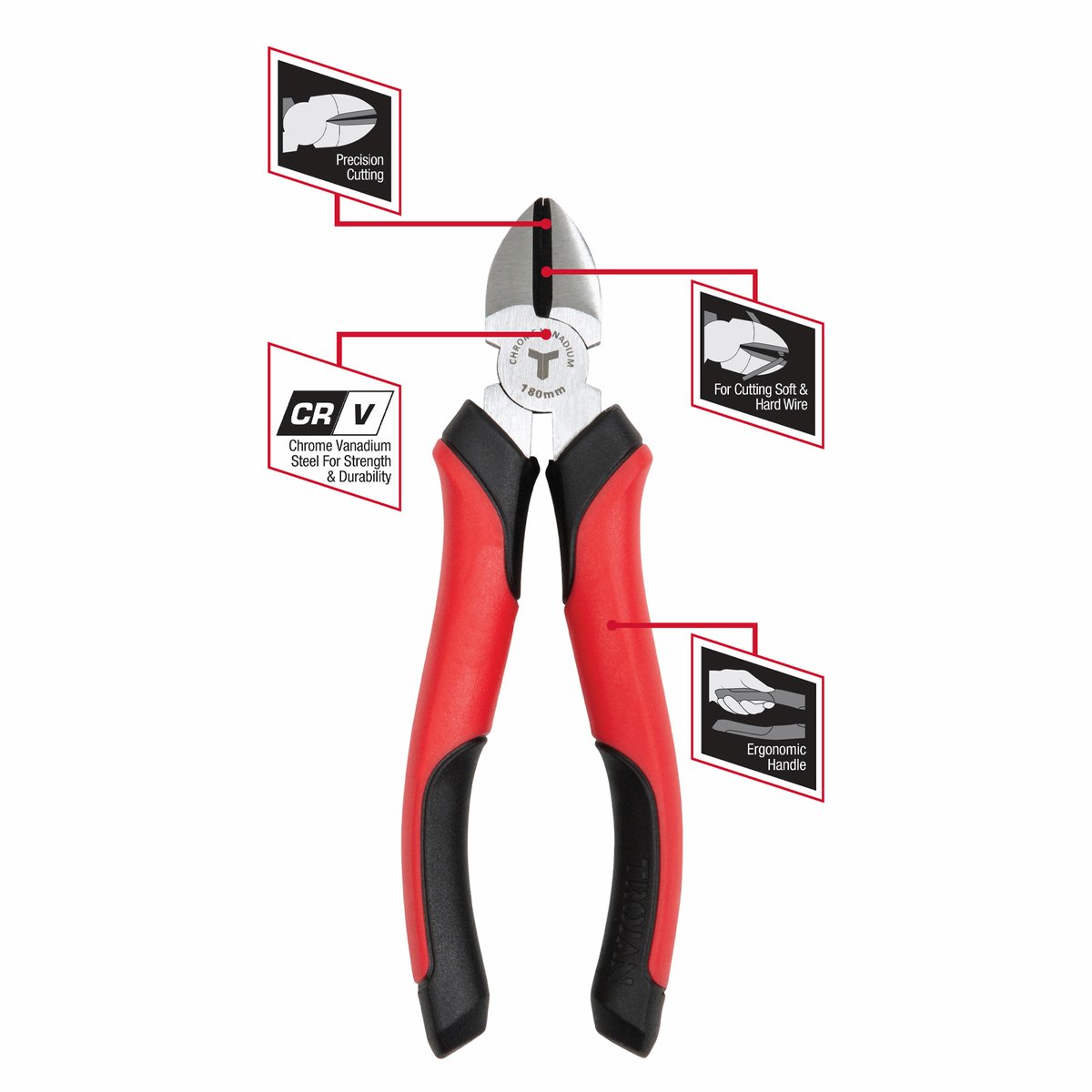 Trojan 180mm Side Cutting Plier - Chrome Vanadium Steel - Red and Black - SuperSaverAU - view 3