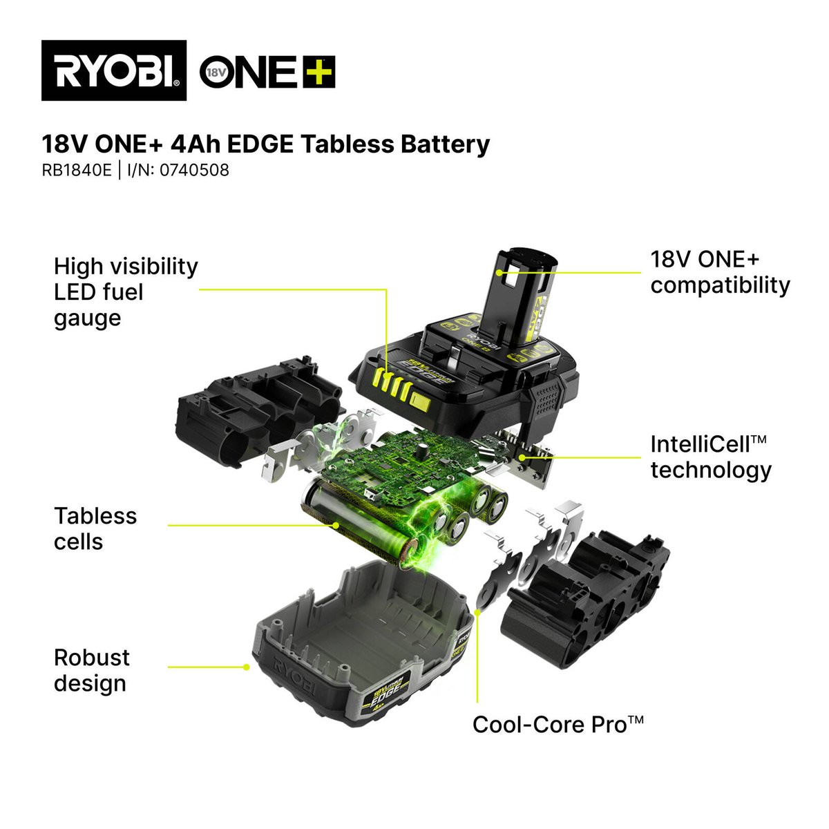 Ryobi 18V ONE+ 4Ah Edge Lithium Battery - Tabless Design - 87mm x 99mm x 135mm - SuperSaverAU - view 2