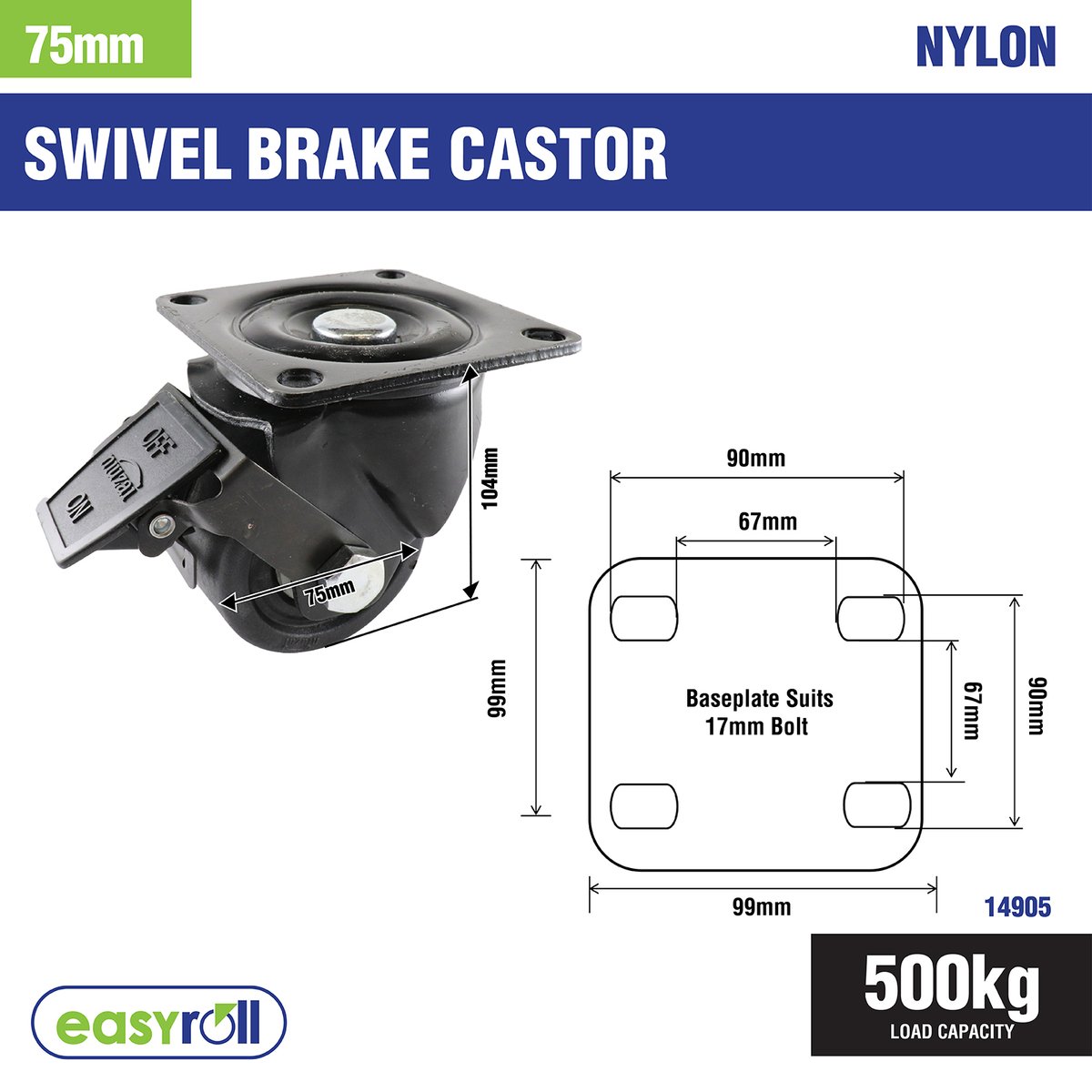 Easyroll 75mm Black Swivel Brake Castor Nylon 500kg Load Capacity - SuperSaverAU - view 2