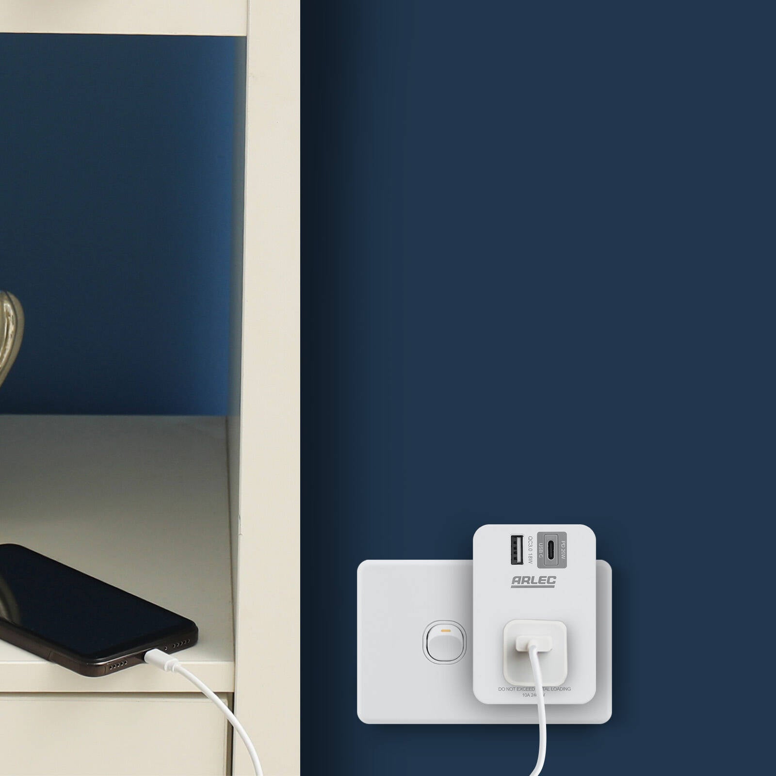 Arlec 2 Port USB-A and USB-C PD20W Rapid Charging Power Adapter White PC191PD18