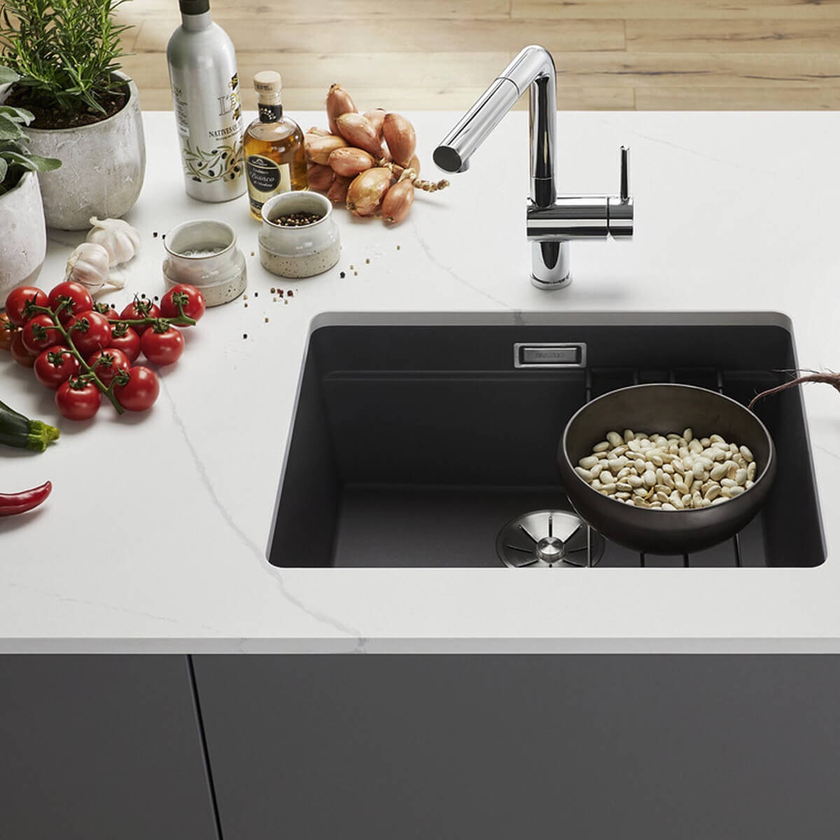 Blanco Etagon 500-U single bowl undermount sink - SILGRANIT black, Etagon rails, InFino drain - 528007