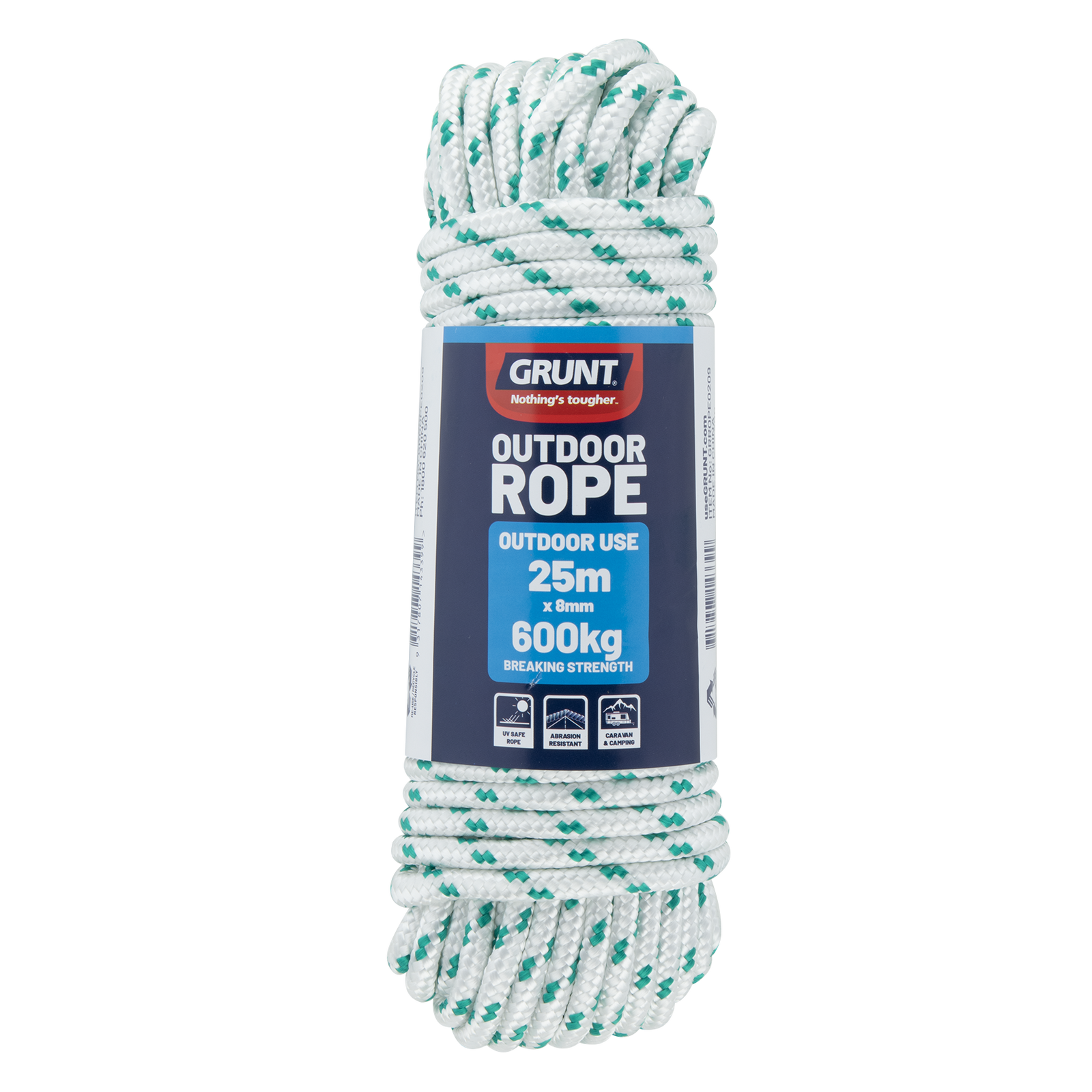 Grunt 8mm x 25m Outdoor Rope, White with Green Trace, Braided Polypropylene, 600kg Break Strength