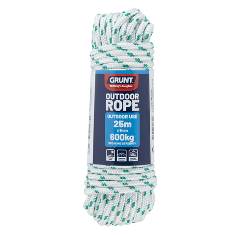 Grunt 8mm x 25m Outdoor Rope, White with Green Trace, Braided Polypropylene, 600kg Break Strength