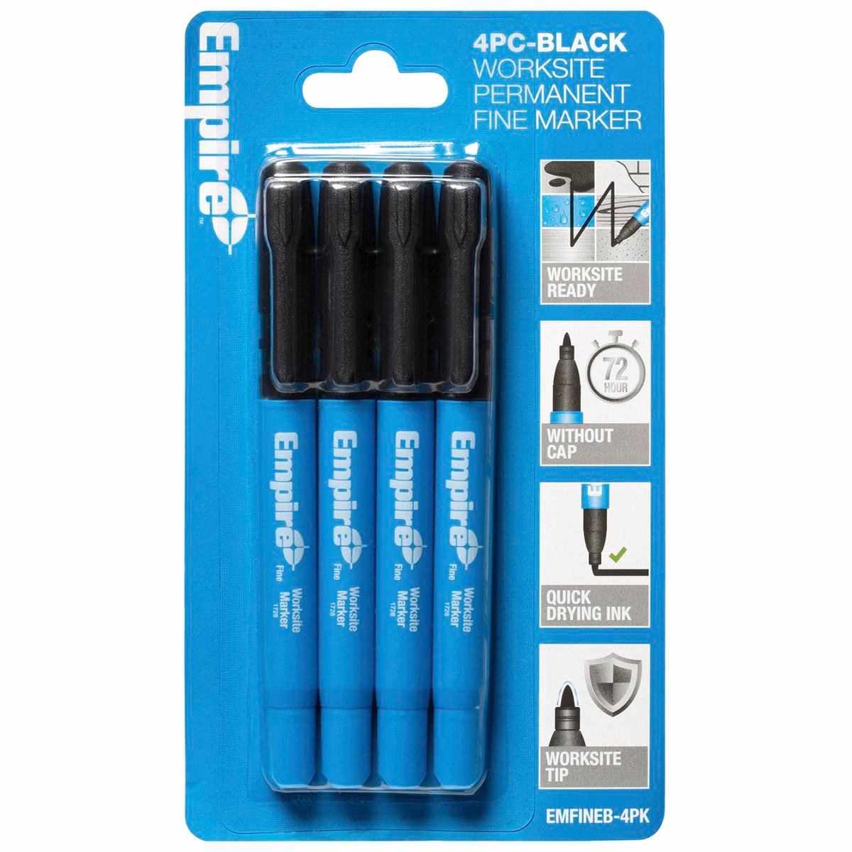 Empire Black Fine Tip Worksite Marker - 4 Pack - Clog Resistant - Quick Dry - SuperSaverAU - view 1
