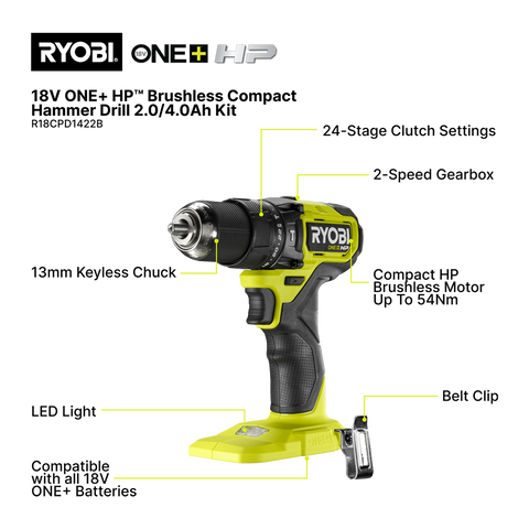 Ryobi 18V ONE+ HP 2.0/4.0Ah Compact Hammer Drill Kit