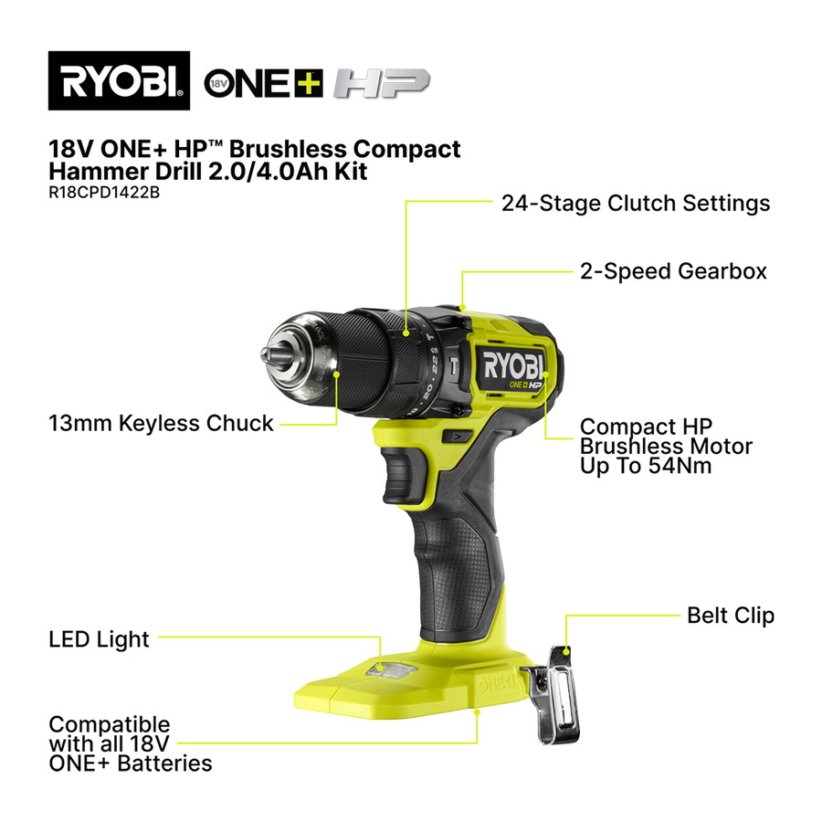 Ryobi 18V ONE+ HP 2.0/4.0Ah Compact Hammer Drill Kit