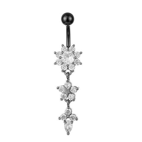 Dangle Belly Button Ring with Flower Crystals, Surgical Steel - Black