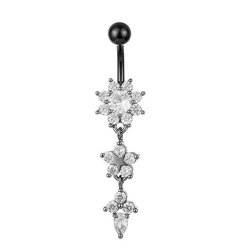 Dangle Belly Button Ring with Flower Crystals, Surgical Steel - Black