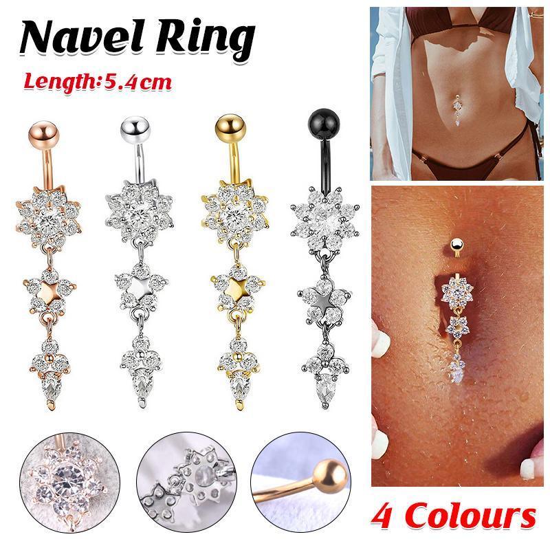Dangle Belly Button Ring with Flower Crystals, Surgical Steel - Black - view 2