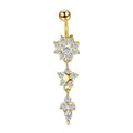 Dangle Belly Button Ring with Flower Crystals, Surgical Steel - Gold