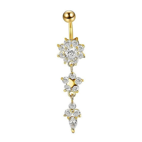 Dangle Belly Button Ring with Flower Crystals, Surgical Steel - Gold