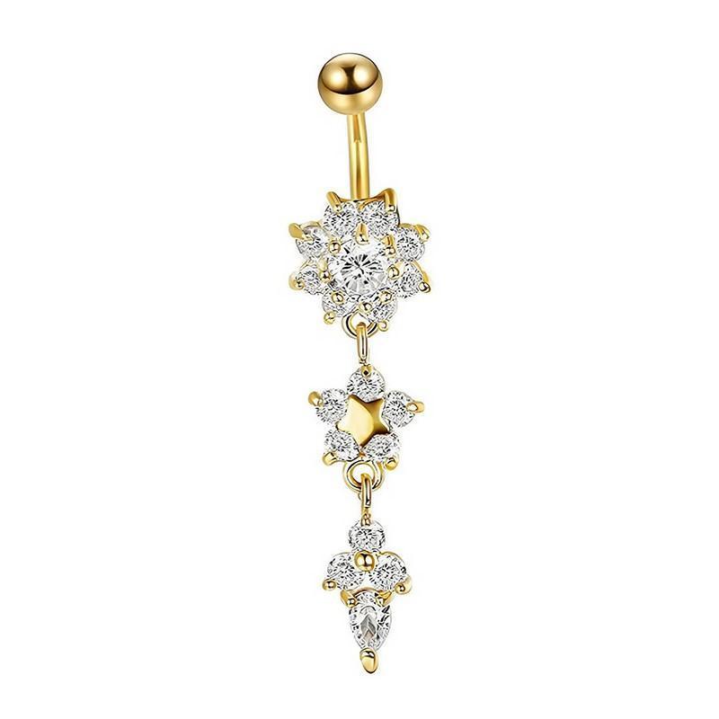 Dangle Belly Button Ring with Flower Crystals, Surgical Steel - Gold