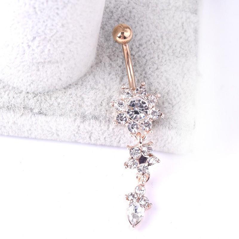 Dangle Belly Button Ring with Flower Crystals, Surgical Steel - Gold - view 4