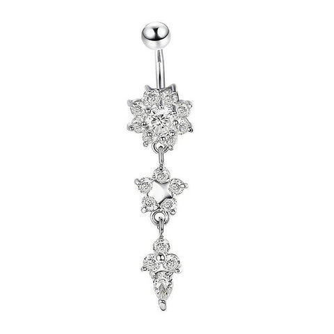 Dangle Belly Button Ring with Flower Crystals, Surgical Steel - Silver