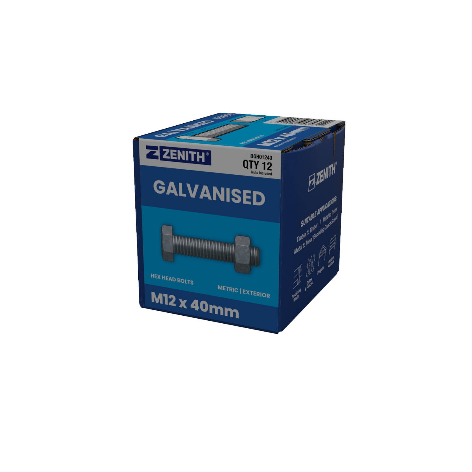 ZENITH M12 x 40mm Hot Dip Galvanised 4.6 Grade Hex Head Bolts and Nuts 12 Pack