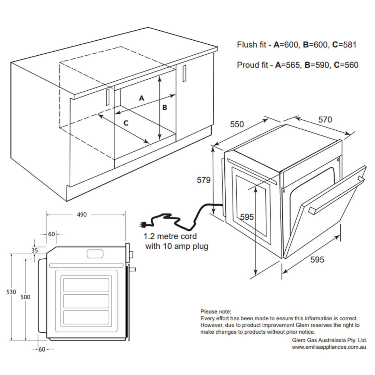 Emilia 60cm Electric Built-In Oven - 57L Capacity, Black Glass, Triple Glazed Door - EMRENT65EN