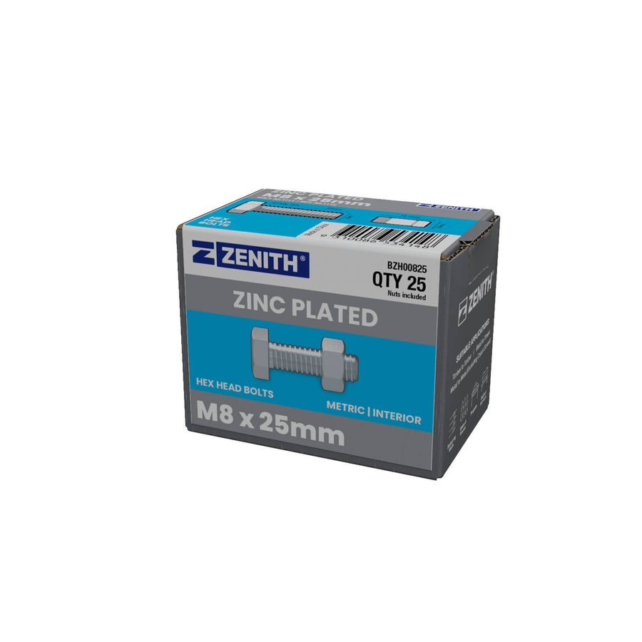 ZENITH M8 x 25mm Zinc Plated Hex Head Bolts and Nuts 25 Pack 4.6 Grade Steel