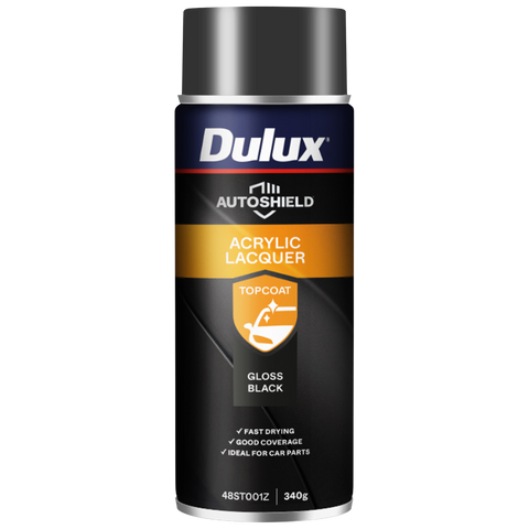Dulux 340g Black Gloss Autoshield Acrylic Lacquer Spray Paint - Fast-Drying, High-Gloss Finish - SuperSaverAU - view 1