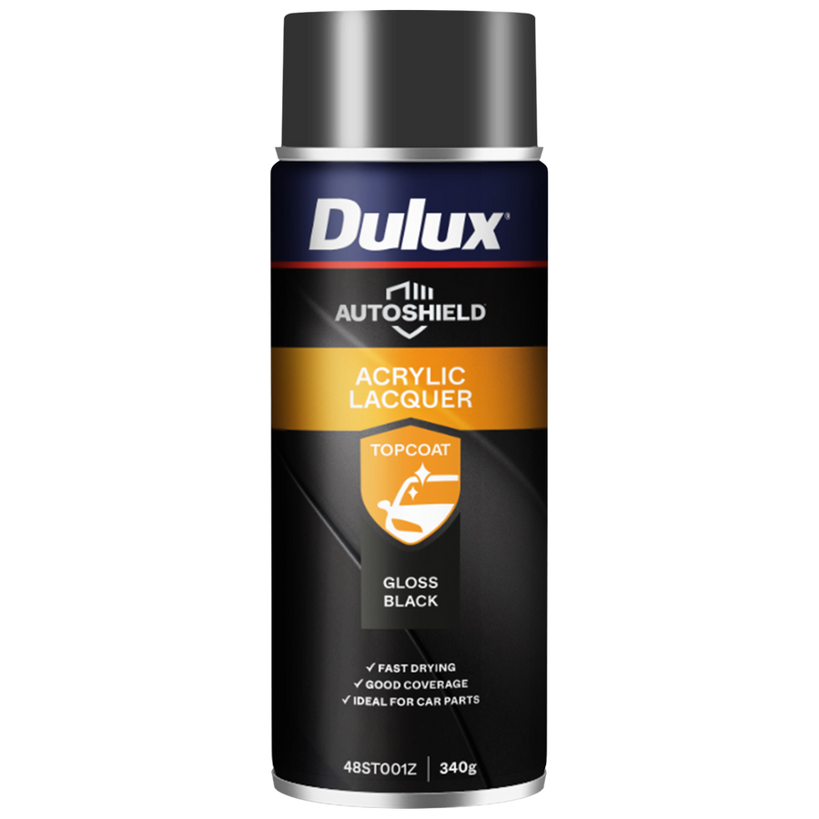 Dulux 340g Black Gloss Autoshield Acrylic Lacquer Spray Paint - Fast-Drying, High-Gloss Finish - SuperSaverAU - view 1