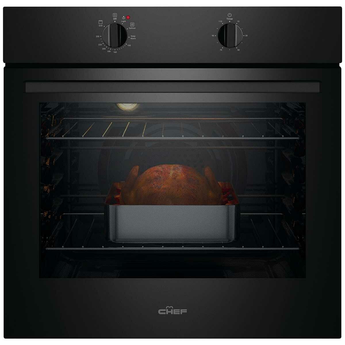 Chef 60cm Electric Fan Forced Built-In Oven - 80L, 3 Functions, 10A Plug and Play, Black - CVE612DB