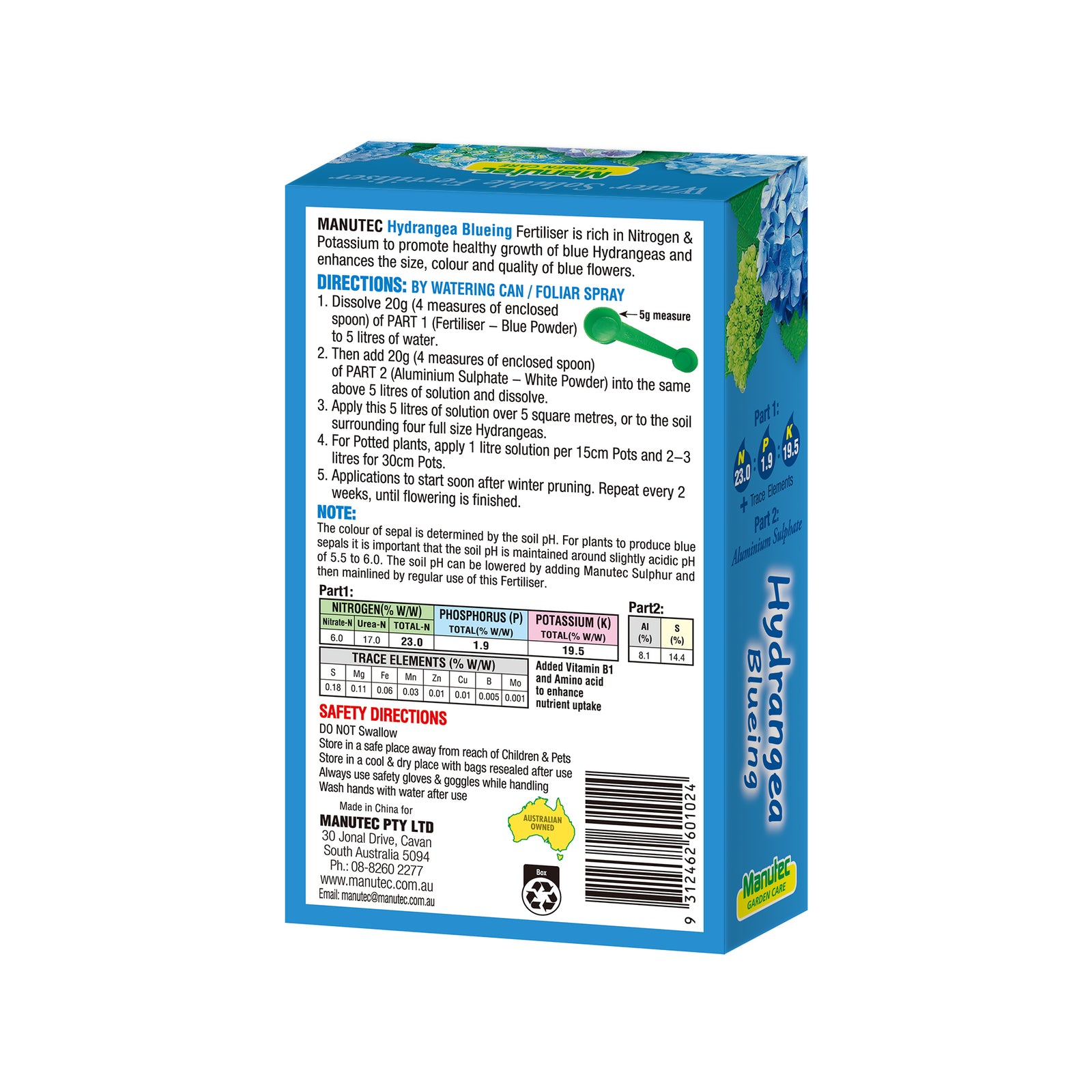 Manutec 600g Hydrangea Blue Fertiliser, Water Soluble Crystalline Powder NPK 23-2-19