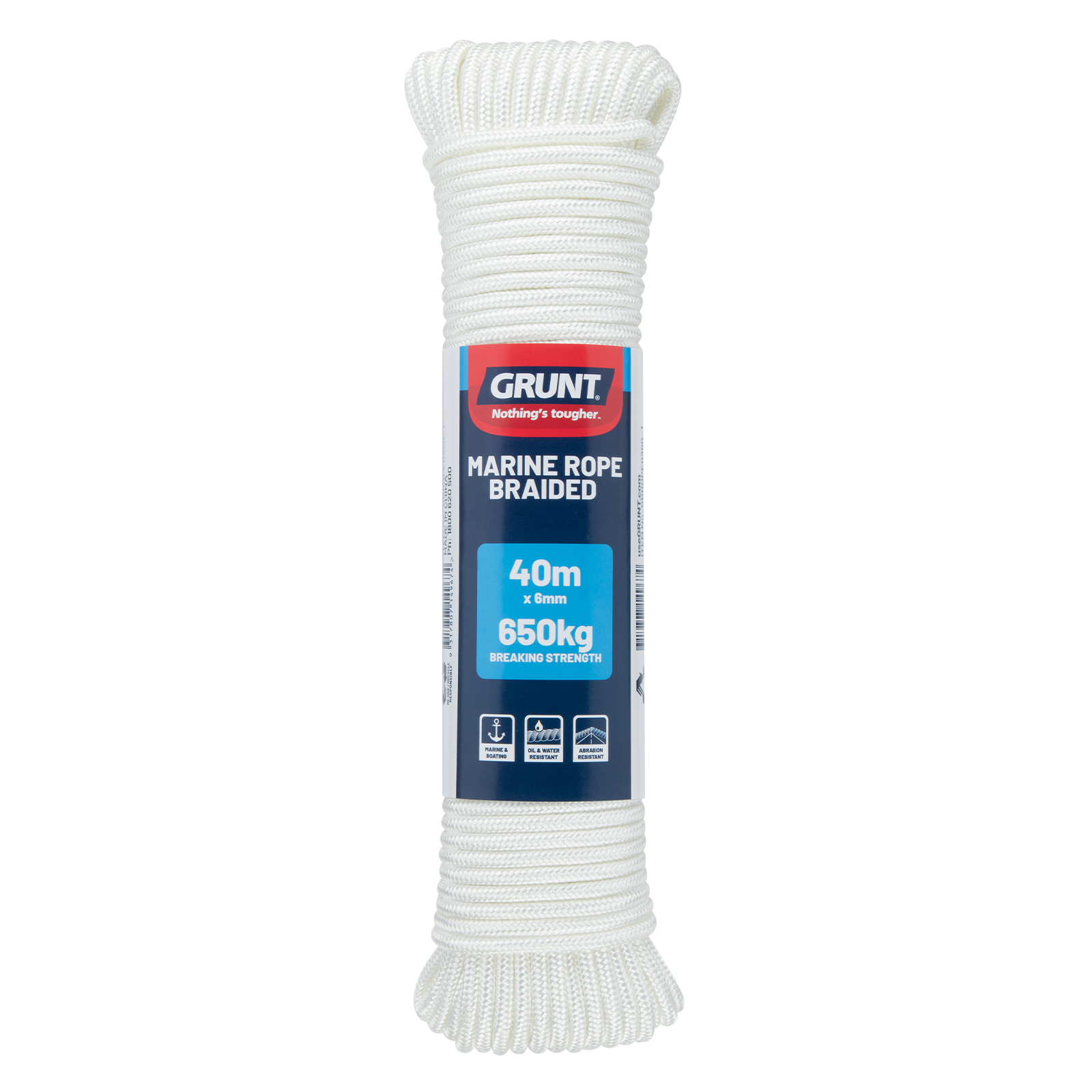 Grunt 6mm x 40m White Polyester Marine Braided Rope 650kg