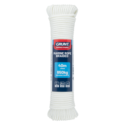 Grunt 6mm x 40m White Polyester Marine Braided Rope 650kg