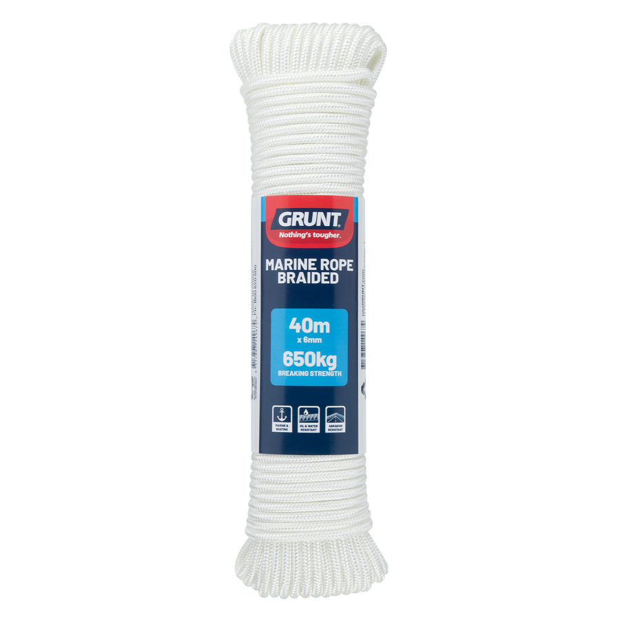 Grunt 6mm x 40m White Polyester Marine Braided Rope 650kg