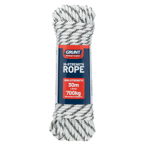 Grunt 6mm x 30m High Strength Rope, White with Black Trace, Polyester, 700kg Break Strength