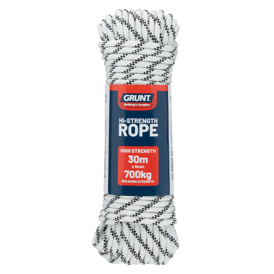 Grunt 6mm x 30m High Strength Rope, White with Black Trace, Polyester, 700kg Break Strength