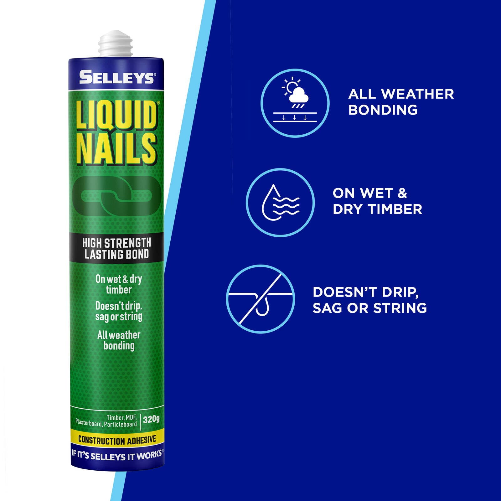 Selleys 320g Liquid Nails Construction Adhesive 3 Pack - Multi-Surface, Less Mess