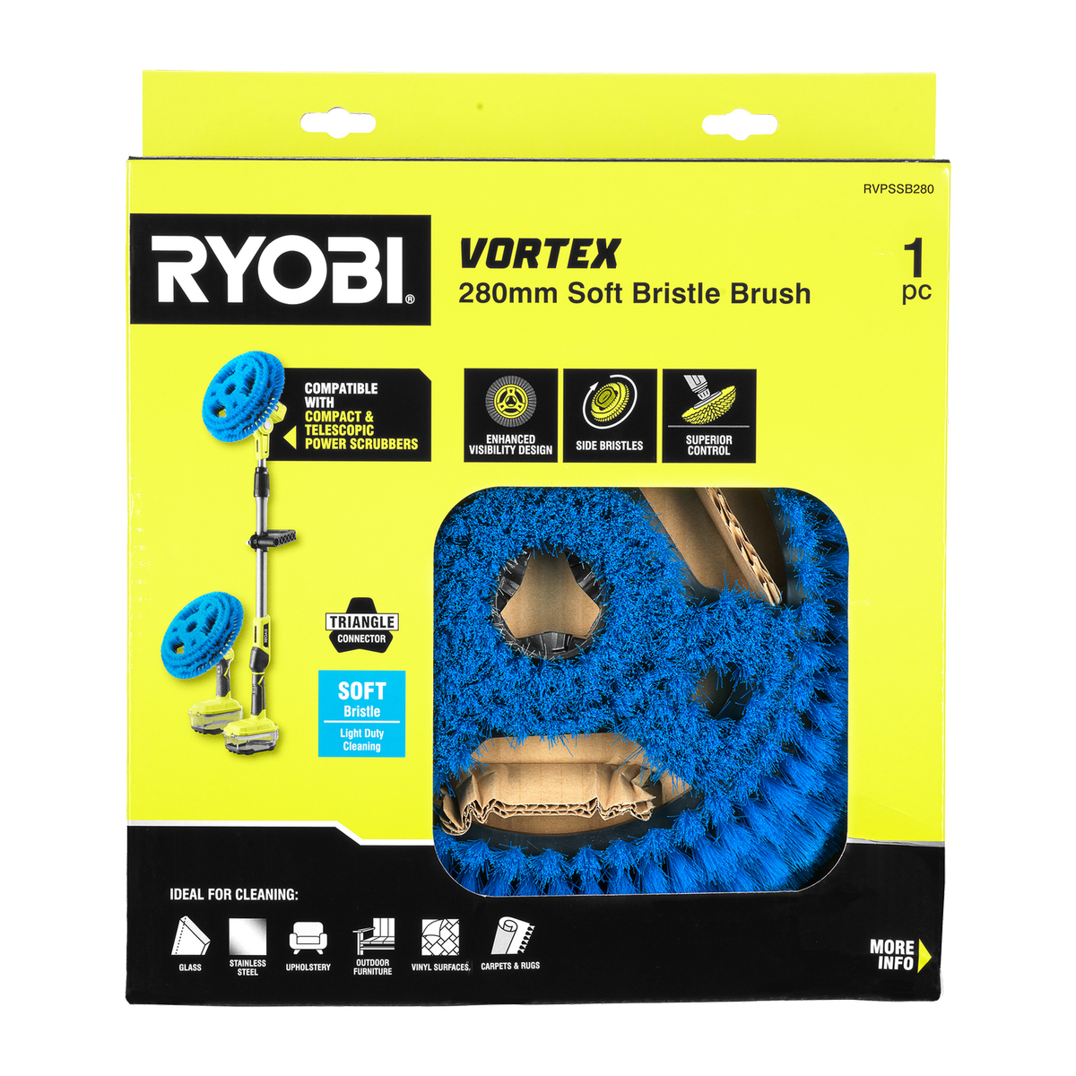 Ryobi 280mm Soft Bristle Power Scrubber Brush - Light Duty Cleaning Tool - SuperSaverAU - view 2