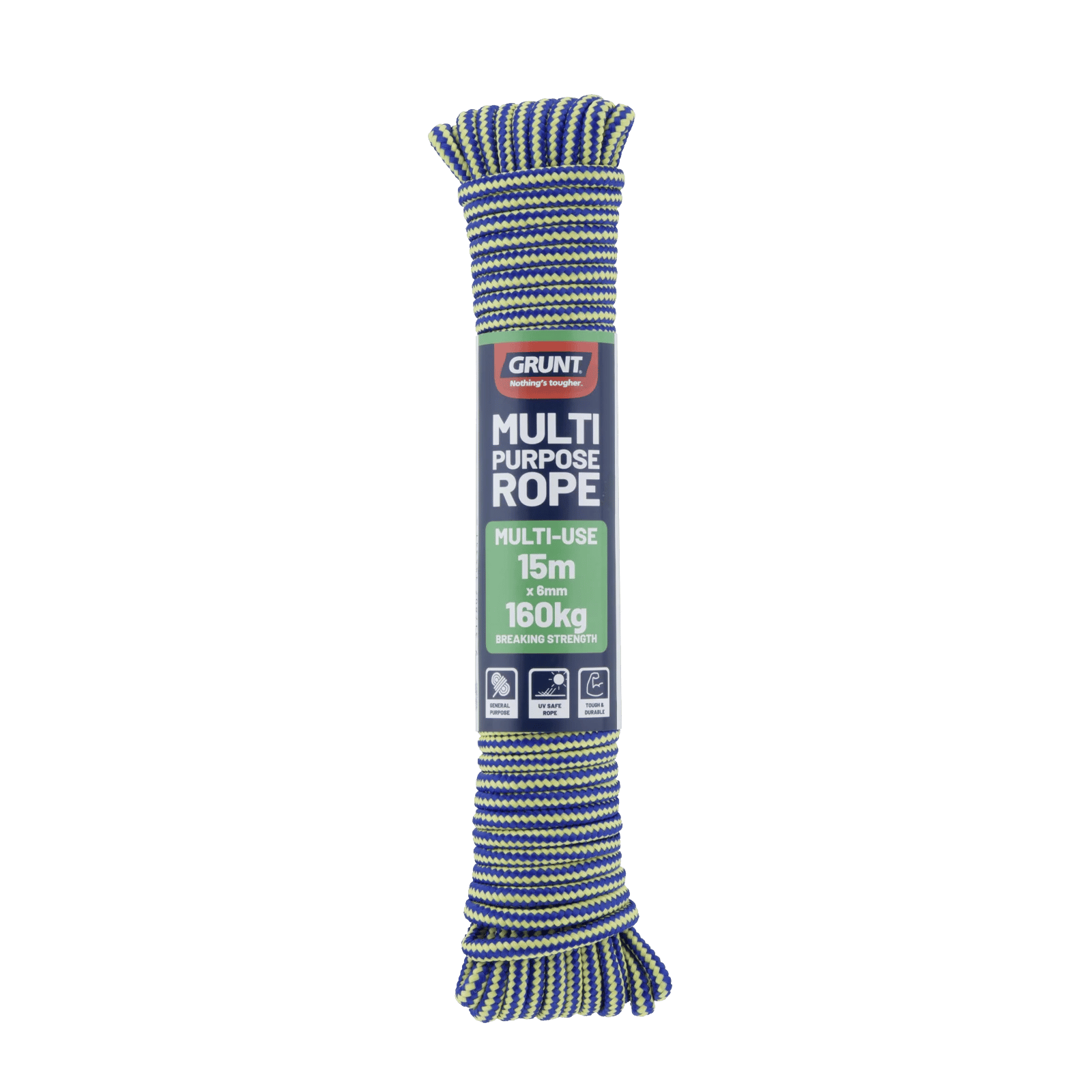 Grunt 6mm x 15m Multi-Purpose Rope, Blue/Red/White Twisted Polypropylene, Floats, 160kg Break Strength