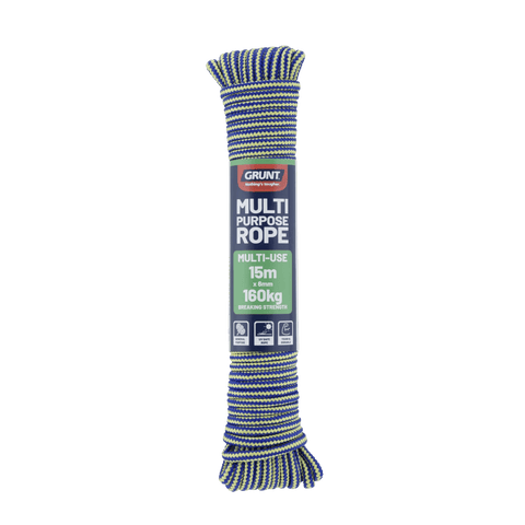 Grunt 6mm x 15m Multi-Purpose Rope, Blue/Red/White Twisted Polypropylene, Floats, 160kg Break Strength