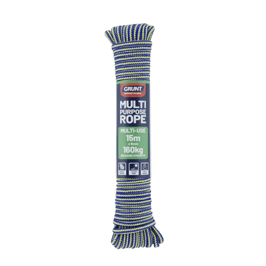 Grunt 6mm x 15m Multi-Purpose Rope, Blue/Red/White Twisted Polypropylene, Floats, 160kg Break Strength