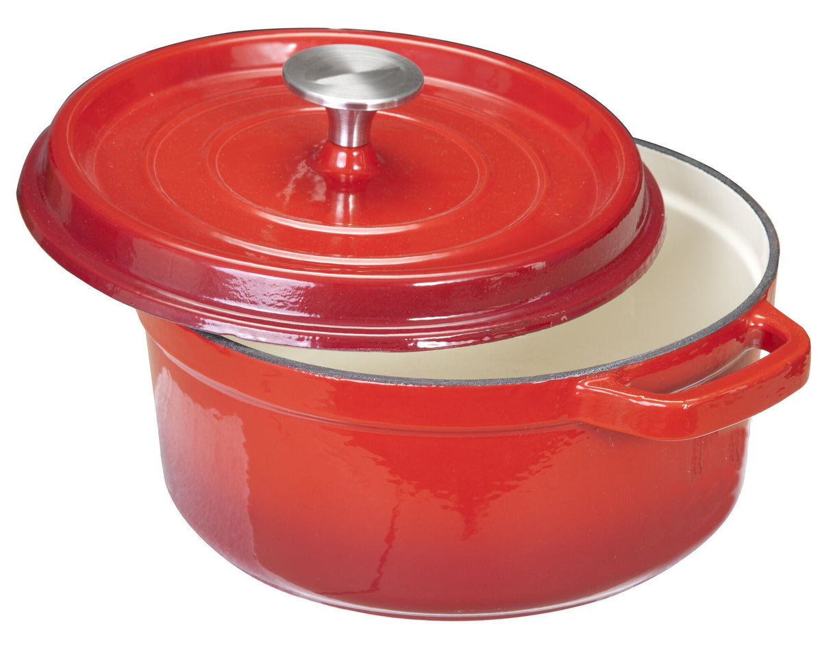 Artusi Cast Iron Enamel Casserole Dish with Lid - 24cm Wide, Red, 2 Year Warranty - LEART