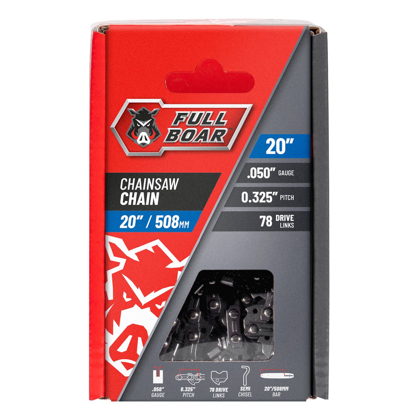 Full Boar 20" / 508mm Semi Chisel Chainsaw Chain - 78 Drive Links, 0.325" Pitch, 0.05 Gauge