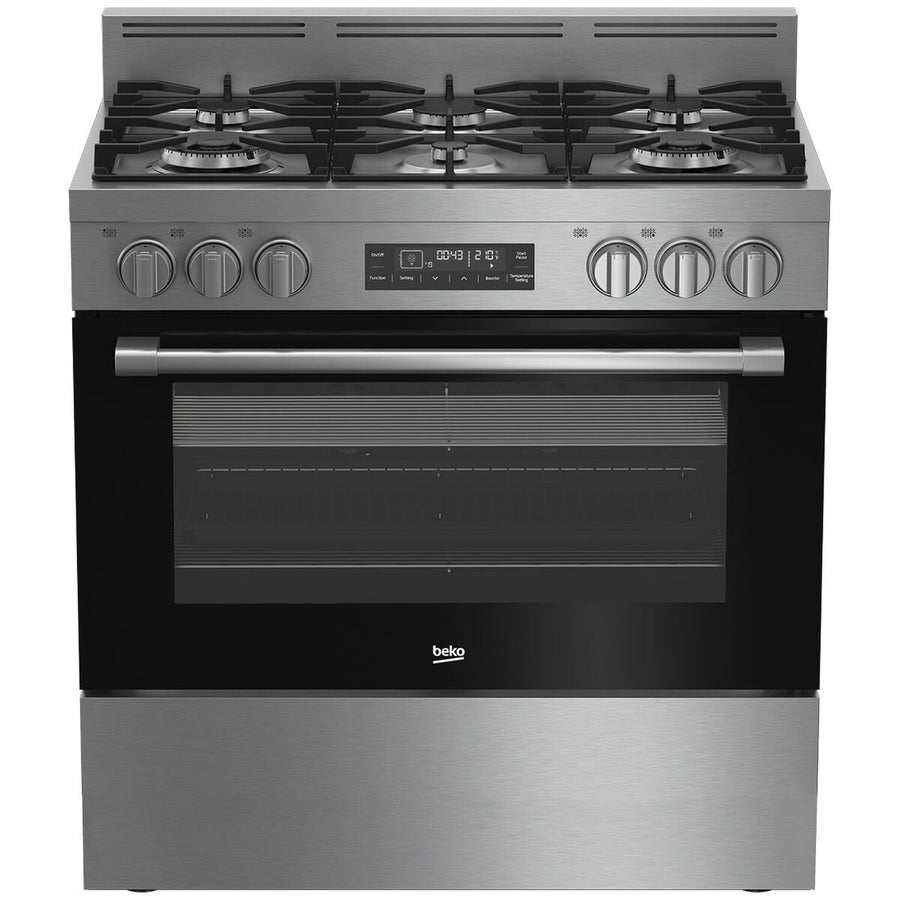Beko 90cm Dual Fuel Freestanding Oven - 130L Twin Fan, Six Gas Burners, Stainless Steel - BFC918GMX1