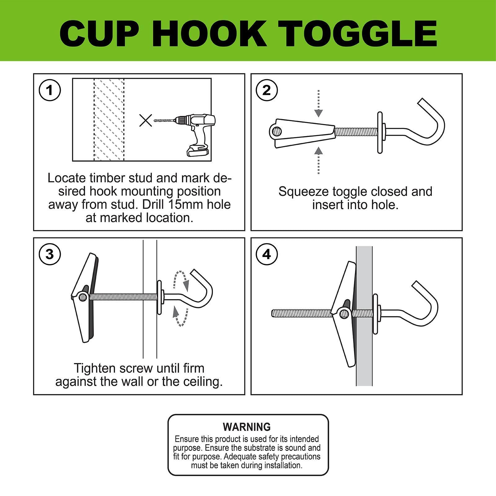 Everhang 25mm Zinc Plated Steel Toggle Cup Hook - 2 Pack