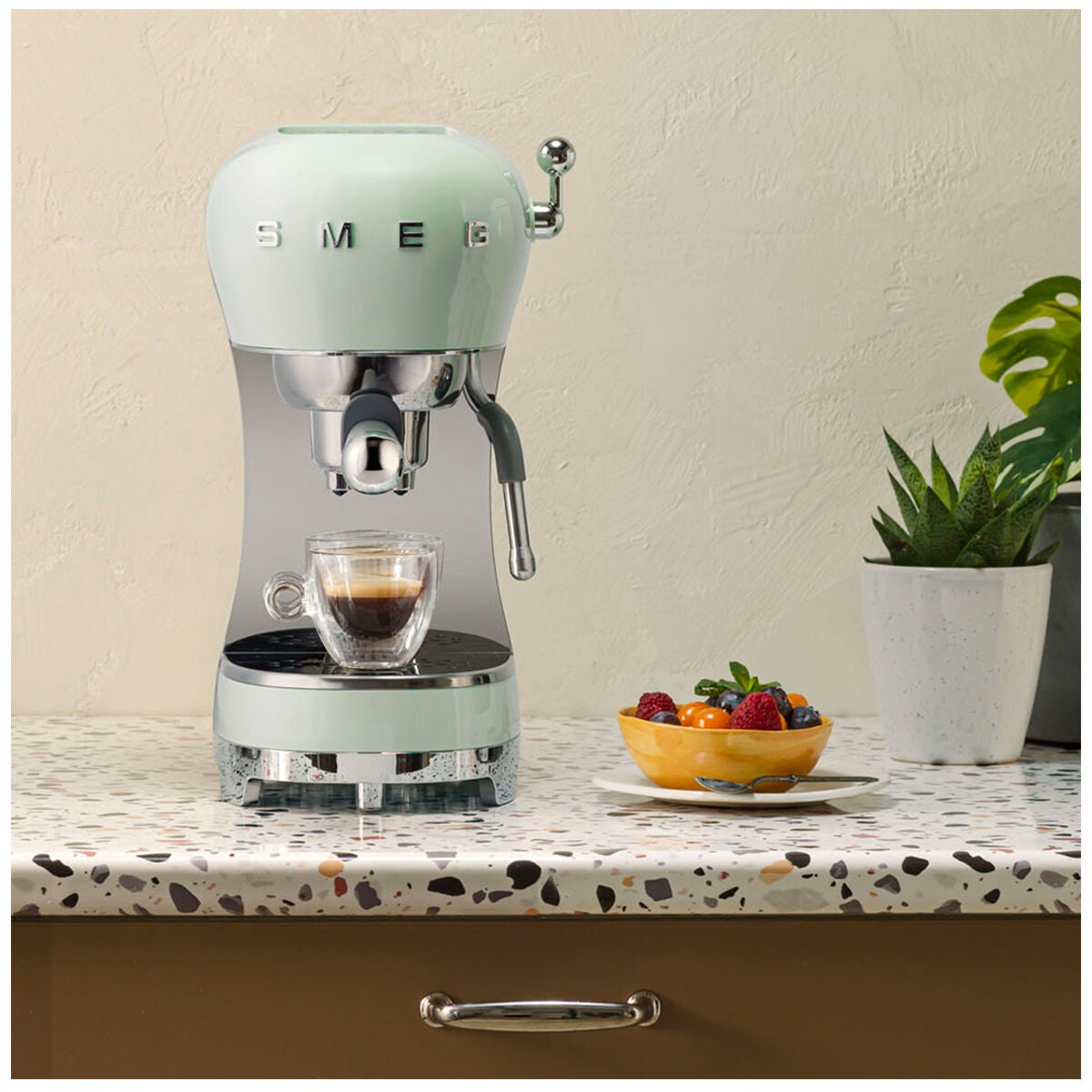 Smeg 50s Style Espresso Coffee Machine - 15 Bar, ThermoBlock, Steam Wand, Pastel Green - ECF02PGAU