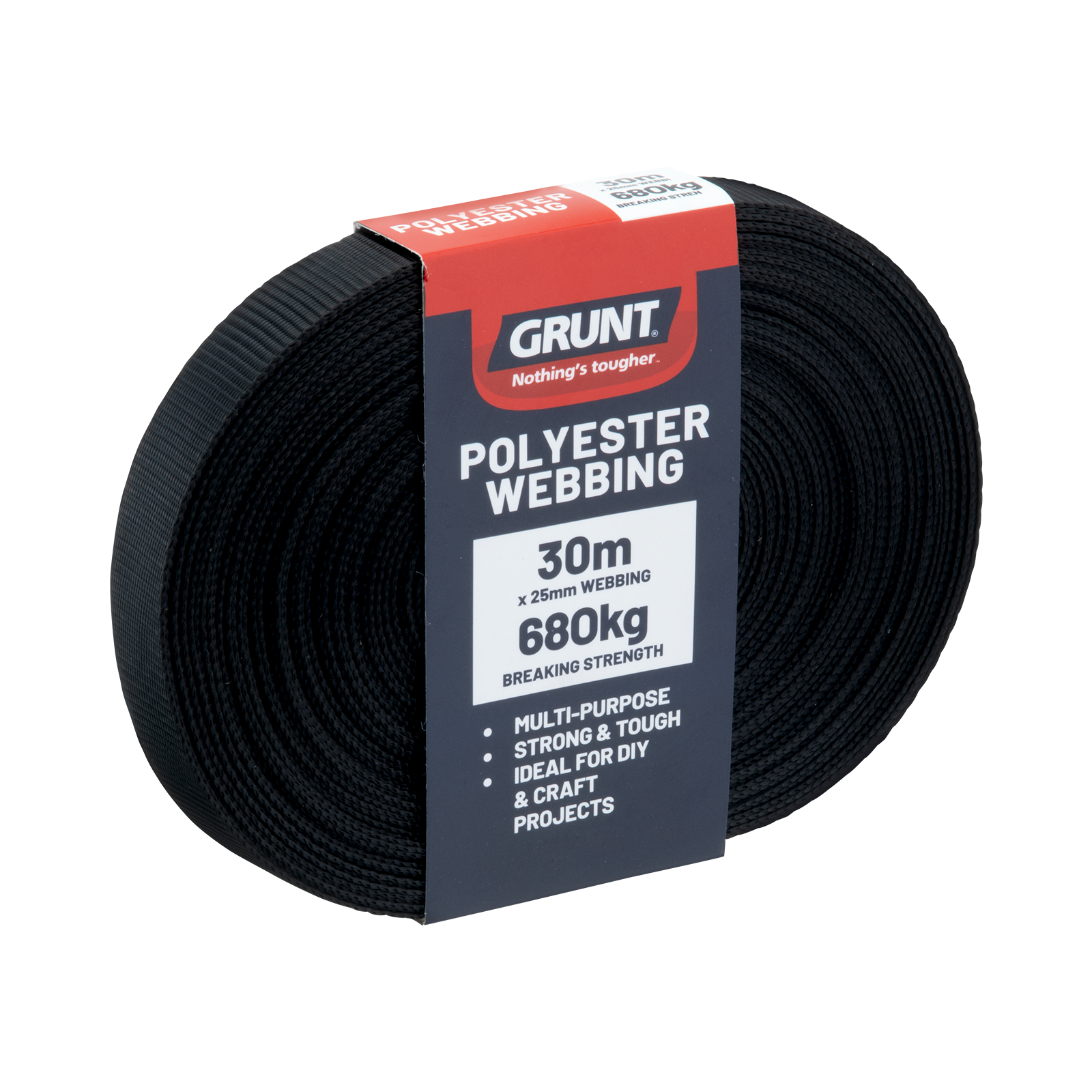 Grunt 25mm x 30m Black Polyester Poly Webbing