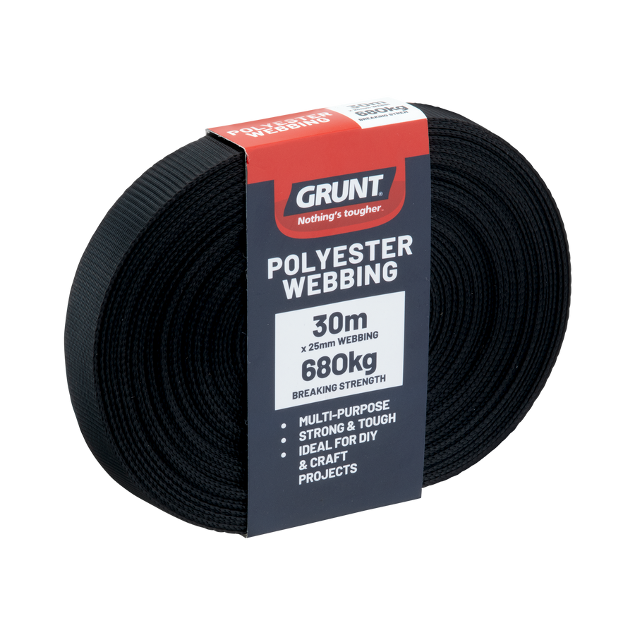 Grunt 25mm x 30m Black Polyester Poly Webbing