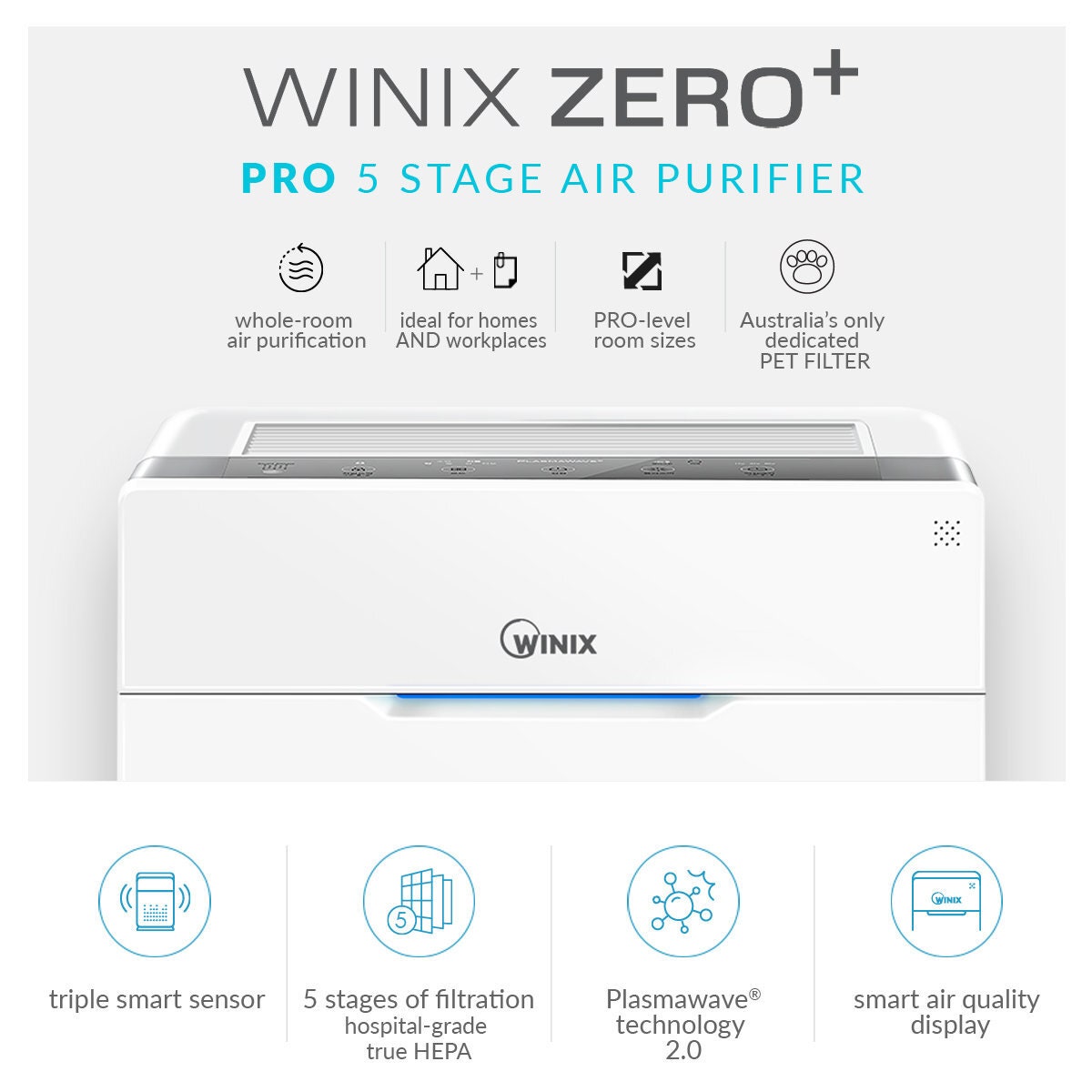 Winix Zero+ Pro 5-Stage Air Purifier - True HEPA, Pet Filter, Triple Smart Sensor, Child Lock - AUS-1250AZPU