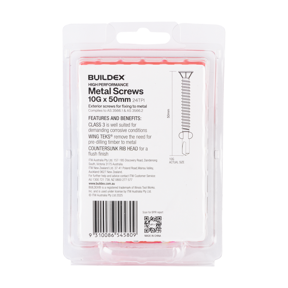 Buildex 10g x 50mm Sheet Metal Screws - Countersunk Rib Head - 50 Pack - Corrosion Resistant - Wing TEKS® Tip - SuperSaverAU - view 2