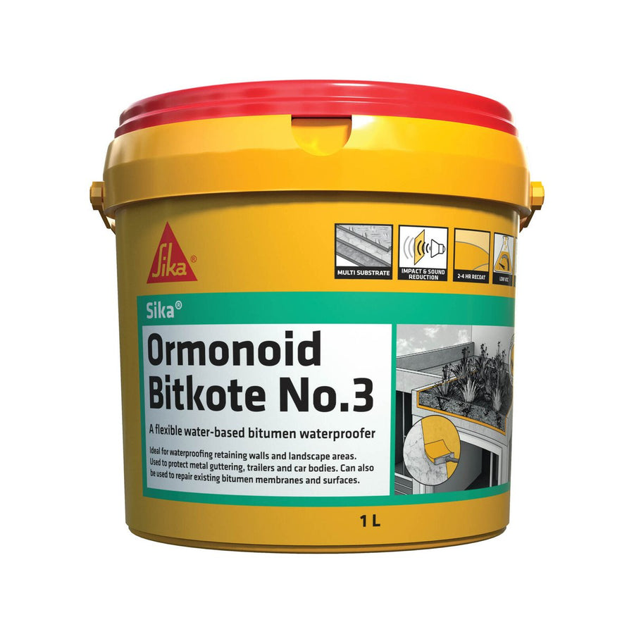 Sika Ormonoid Bitkote No 3 Waterproof Compound 1L - Water Based - Fast Drying - SuperSaverAU - view 1