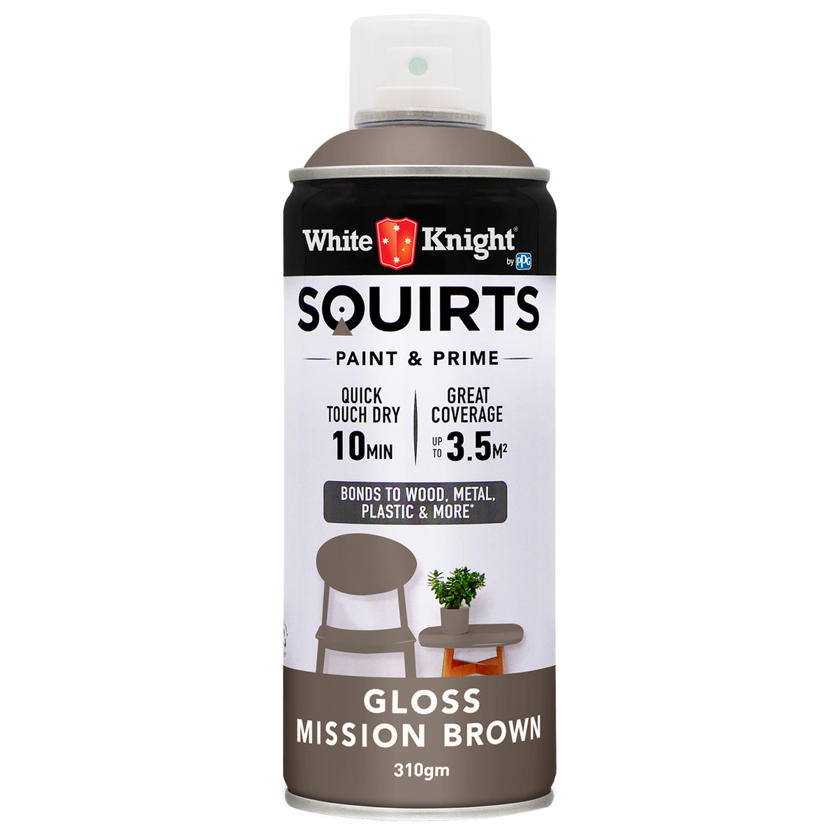 White Knight Squirts Spray Paint - 310g - Mission Brown - Gloss - Solvent Based - SuperSaverAU - view 1