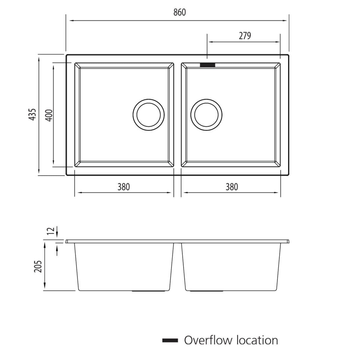 Oliveri Santorini Double Bowl Undermount Sink - Black Granite and Quartz, Overflow - ST-BL1563U-OF